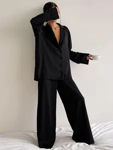 Women's Solid Button Front Satin Pyjama Two-piece Set, Drop Shoulder Long Sleeve Top & Wide Leg Pants Pj Set, Casual Comfy Loungewear Set for Women, Pyjamas for Women, Nightwear
