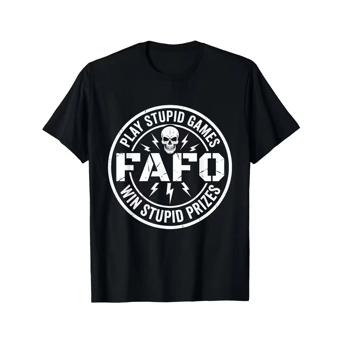 Hardcore Street Style Black T-Shirt, "FAFO" Skull Lightning Badge Print, Vintage Distressed Rebellious Atmosphere, All-Season Wear, Suitable for Hardcore Subculture Enthusiasts, Unisex