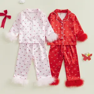 1-10Y Kids Little Girls Pajama Sets 2Piece Long Sleeve Feather Trim Tops Button Down Blouses Shirts+Long Pants Set Big Girls Nightwear Sleepwear Pjs