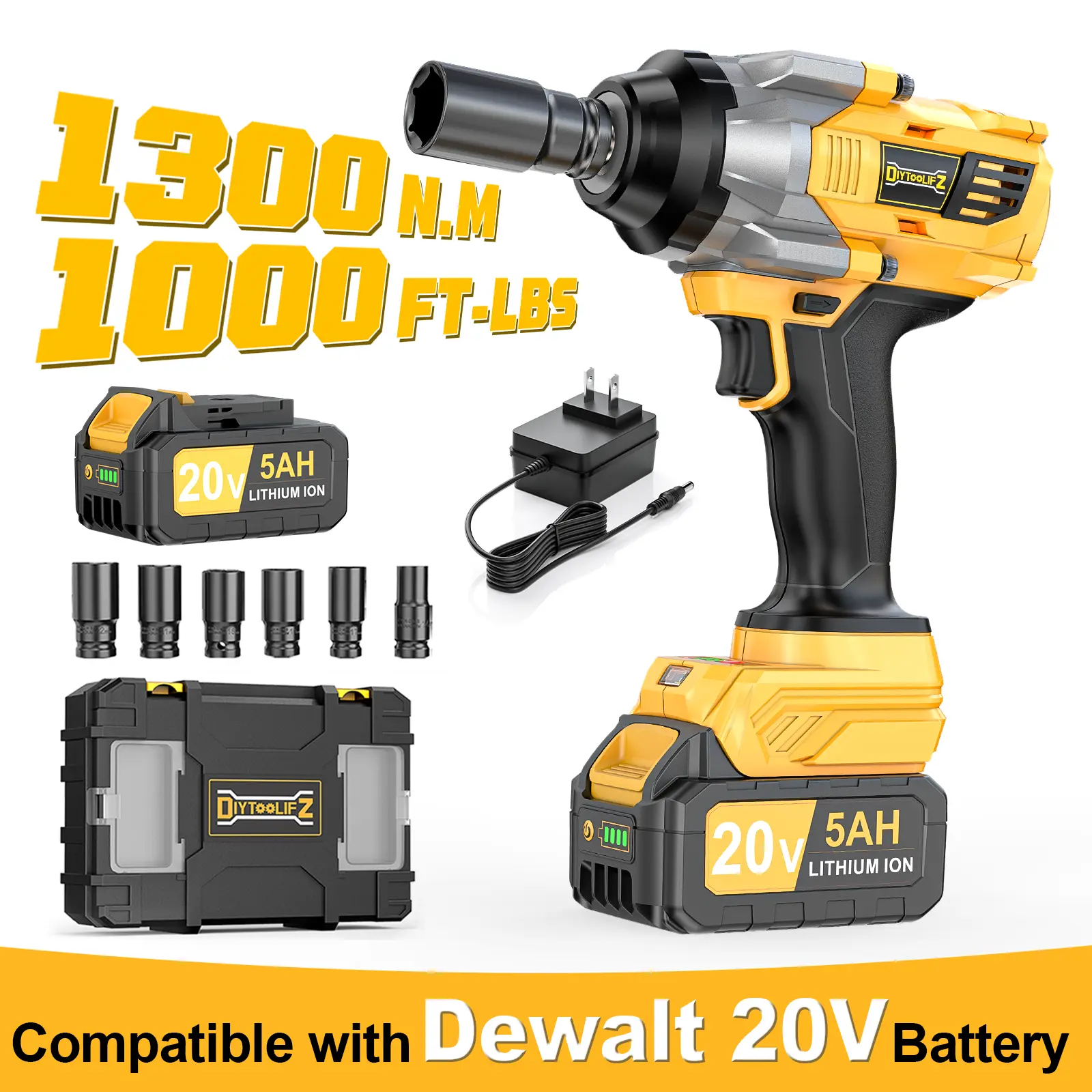 1000FT-LBS (1300N.m) Cordless Impact Wrench 1/2" with 1or2*Battery, Brushless Impact Gun with 6 Sockets, 2100RPM for Car & Truck, Diytoolifz summervibes Power Tools Tool Kit backtoschool