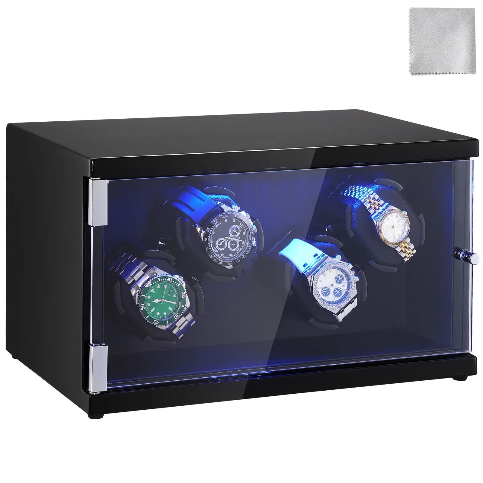 VEVOR Watch Winder,  Watch Winder for 4 Men's and Women's Automatic Watches, with 2 Super Quiet Japanese Mabuchi Motors, Blue LED Light and Adapter, High-Density Board Shell and Black PU