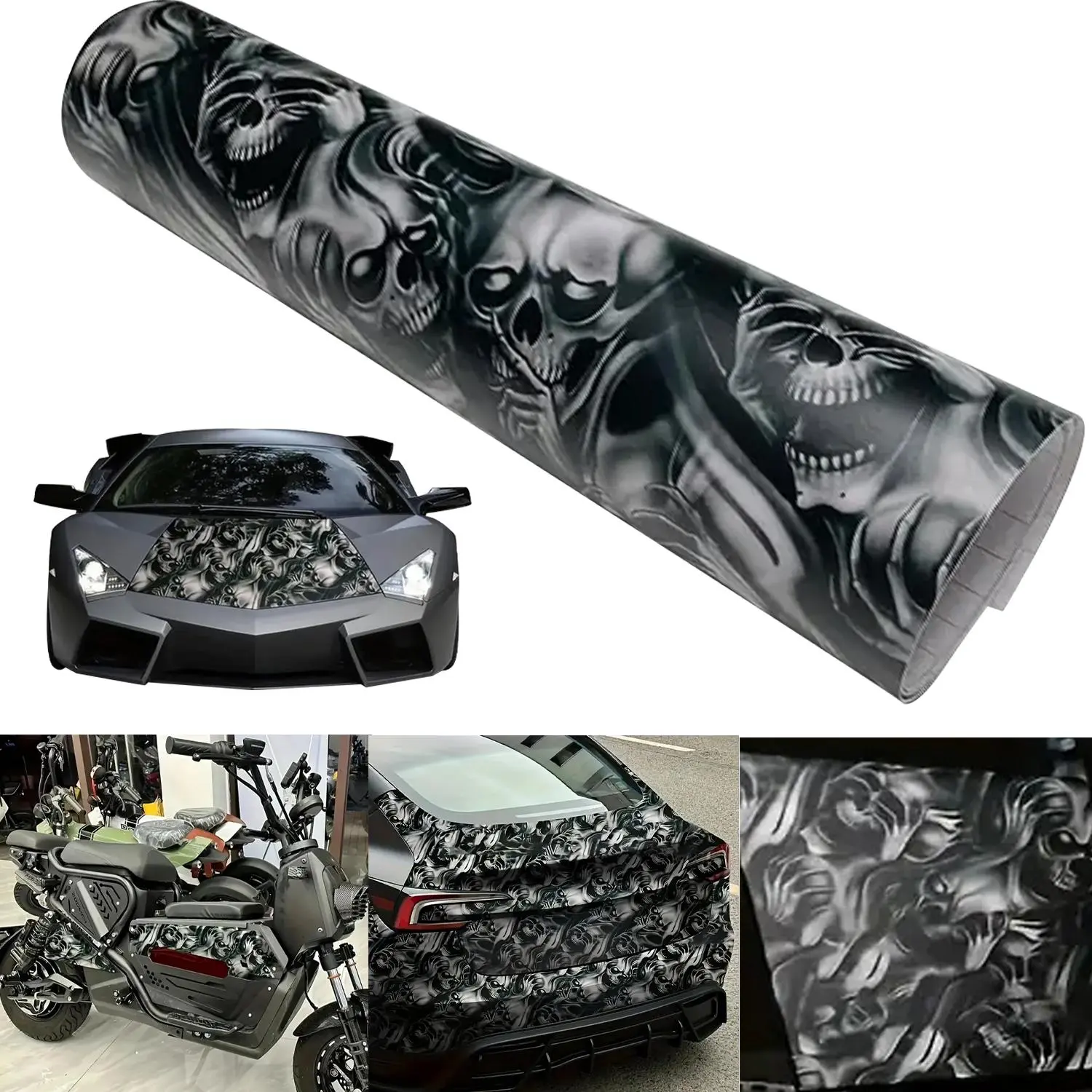 Creative Skull Pattern Car Sticker, Vinyl Wrap Roll Sticker, Anti-scratch Car Motorcycle Wrap Film, Car Exterior Decoration Accessories, Skull Decal, Stickers For Cars