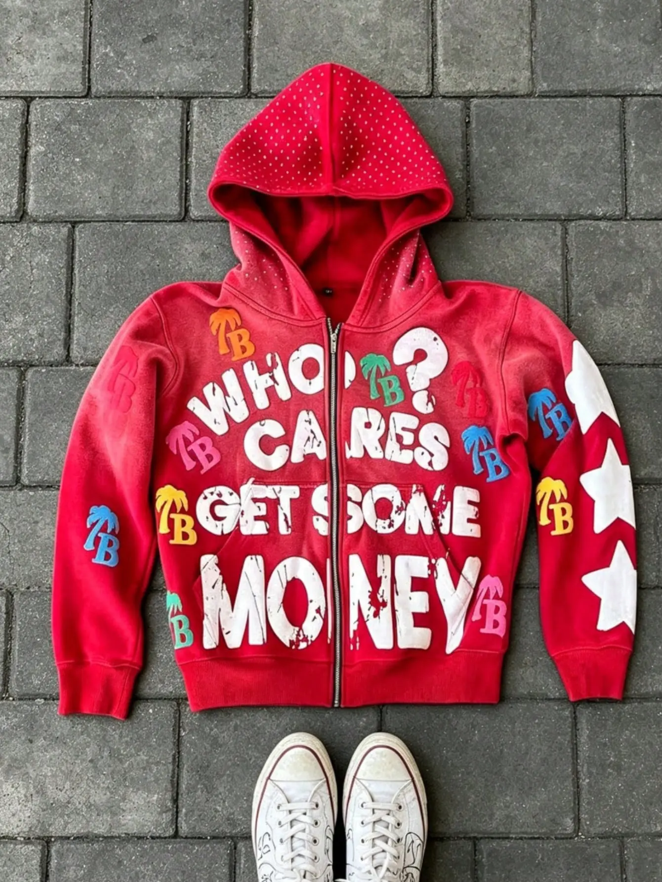 Who Cares Getsome Money Lettered Foam Zip-Up Hoodie Streetwear Oversize Jacket
