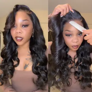 [24"=$116]Sunber 13x4 HD transparent Lace Front wigs Human Hair Pre Bleached Tiny Knots Glueless Ready To Wear Body Wave With Drawstring Natural Black 180% Density  TikTokShopJumpstartSale