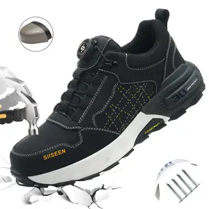 Men’s safety shoes with steel toe cap, puncture protection, Kevlar lining, and a rubber non-slip sole; stylish rotating button design for outdoor work