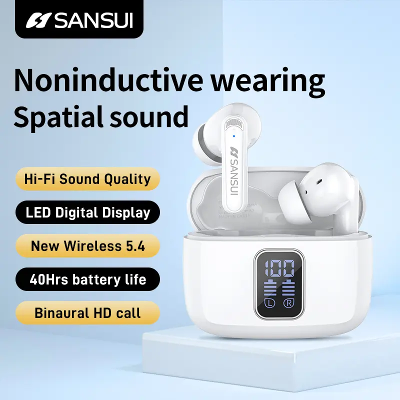 Sansui W9 TWS Wireless Bluetooth Audio Earbuds, Semi-in-ear Design Noise Cancelling headphones, Stereo Bass Earphones, IPX4 Waterproof Sports Headset, Electronic Audio Product lightweight ，LED Digital display, Noise Cancellation earbuds headset