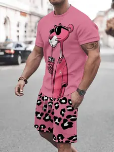 Men's Printed Short Sleeve Fitted T-Shirt + Shorts Set, Menswear Outfit, Casual Sportswear, Breathable Outdoor Leisure Wear, Summer 3D Print Clothes