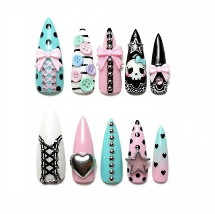 Pastel Goth Press on Nails | Cute Skull & Pink Bow Fake Nails | 3D Heart Button Stiletto Nails | Creepy Cute Alt Aesthetic Reusable Gift Set