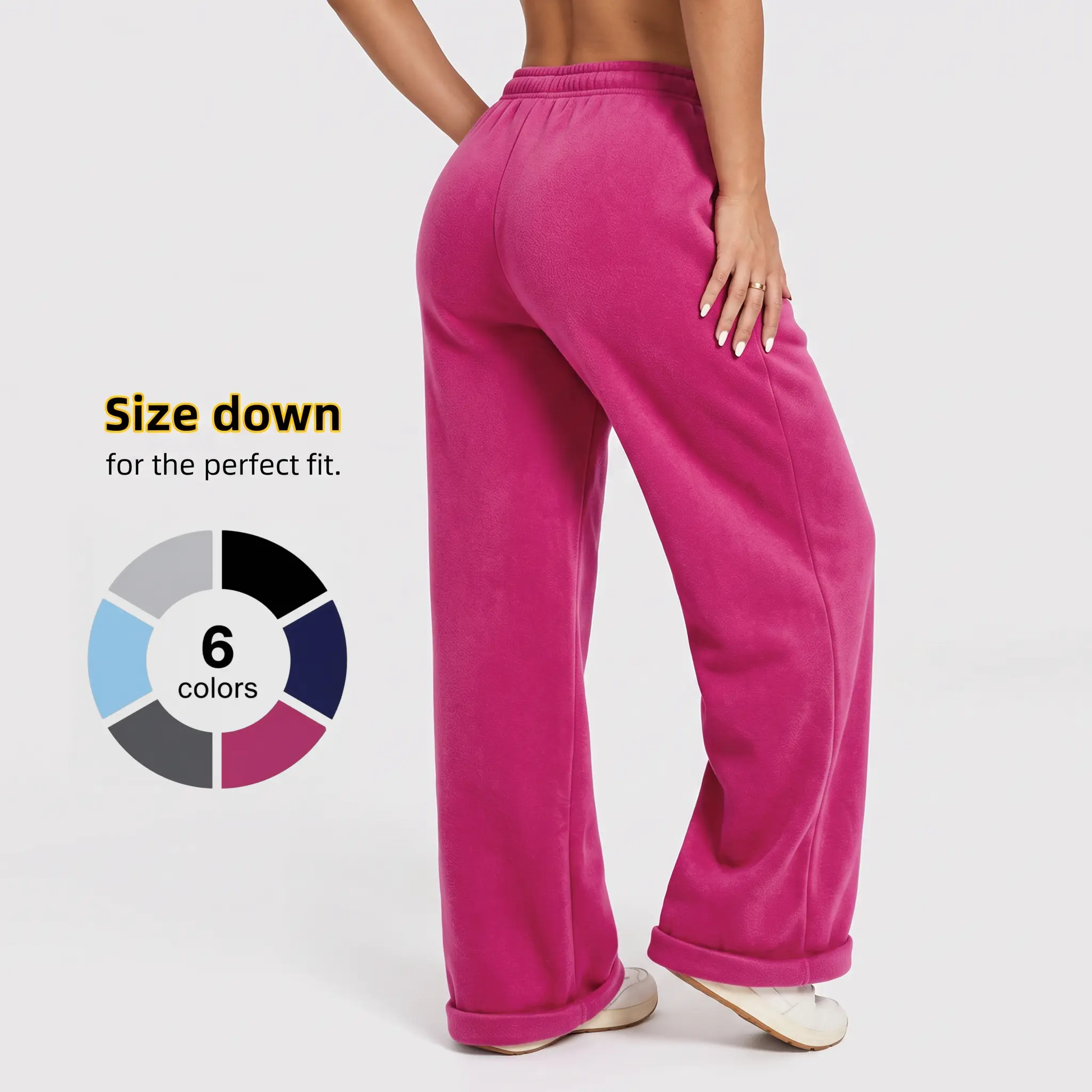 Women’s solid-color wide-leg sweatpants with elastic drawstring, high waist, loose casual long pants; soft knit straight-leg streetwear lounge pants made from premium soft terry knit fabric; two-way design for home and street wear.