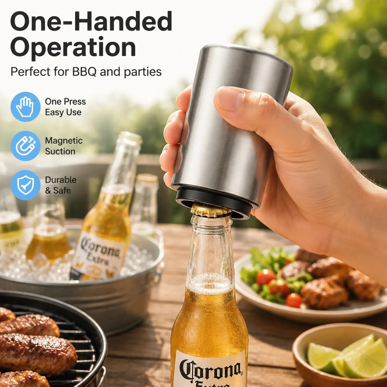 Premium Automatic Stainless Steel Drink Bottle Opener (1pc) - Push-Down Type, Magnetic Cap Catcher, No Cap Damage, 1-Hand Use Compact Pocket-Size Tool for Home, Boyfriend Birthday Ideas
