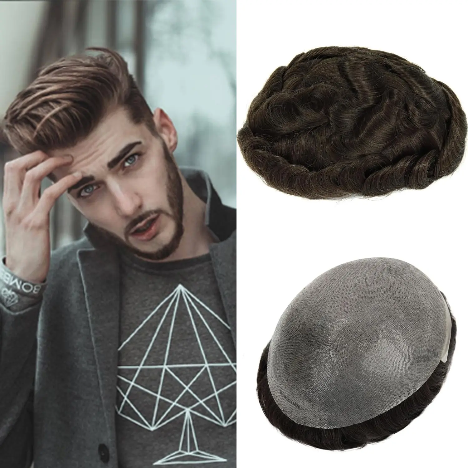 Men's wig, hair replacement system, real hair, 8x10 inches, V-ring craftsmanship + thin PU 0.03mm ultra-thin skin-feeling base, men's hair replacement wig piece, durable men's wig, #4 hair color,  men's hairline wig