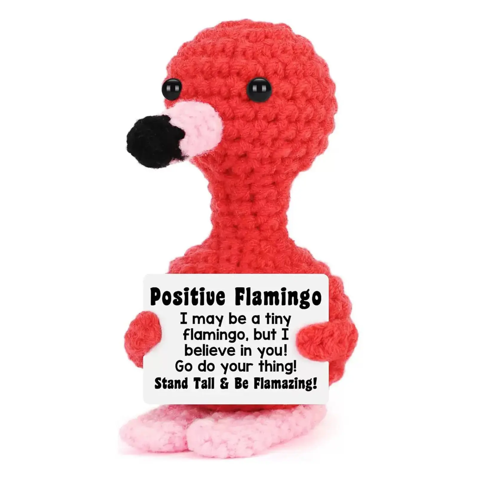 Hand Crocheted Flamingo Plush Toy - Positive Flamingo with Encouraging Message, Inspirational Gift for Animal Lovers, Cute Motivational Decor and Flamazing Keepsake, Huggable Stuffed Animal, Crochet Animals, Animal Merch