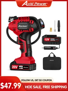 AVID POWER Cordless Tire Inflator Portable Air Compressor, 20V Rechargeable Battery Powered Car Tire Pump with 12V DC Adapter, Digital Pressure Gauge, Auto Shut-off Tire Inlfator for Car, Bicycle, Motorcycle and Small Inlflatables