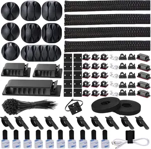 192 PCS Cable Management Kit 4 Wire Organizer Sleeve,11 Cable Holder,35Cord Clips 10+2 Roll Cable Organizer Straps and 100 Fastening Cable Ties for Computer TV Under Desk, black,clear