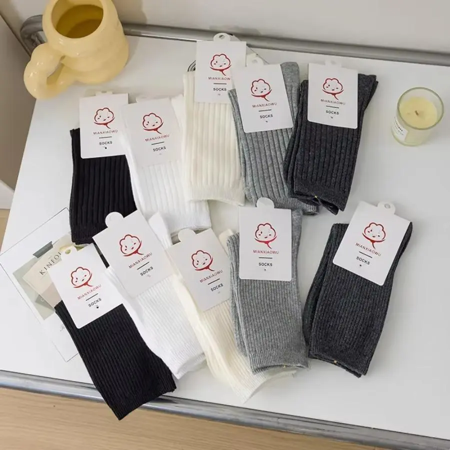 5 Pairs Japanese Style Grey Striped Socks - Mid-Calf Ribbed Design for a Clean, Scholastic Look | Autumn Winter Outfits / New Fall Winter Style / Unisex Socks / Thermal Mid-Calf Socks