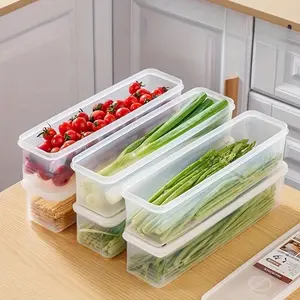 4PCS Store the whole storage box, Long Rectangular Plastic Durable Food Storage Containers with Lids, Hand Washable Refrigerator Organizer Boxes for Scallions, Parsley, Cilantro, Garlic, Noodles, Eggs, Kitchen Essentials, Stackable Fridge Organizer