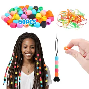 50 Big  Hair Beads for Girls, Diameter 9mm Colorful Soft Rubber Hair Beads for Braids for Daughter Women, 2 Plastic Quick Beaders for Hair Braids, 50 Elastic Rubber Bands