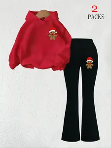 Women's Christmas Gingerbread Pattern Warm Sweatshirt Set, Casual Loose-Fit Flared Comfortable Pants, Summer Fashion