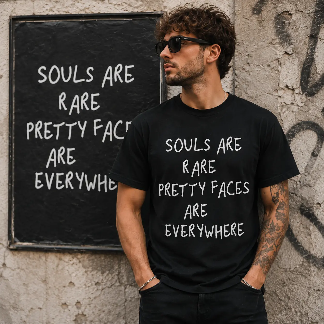 “Souls Are Rare, Pretty Faces Are Everywhere” Quote T-Shirt, Meaningful Graphic Tee, Minimalist Black Shirt, Inspirational Statement Top, Short Sleeve Crew Neck Casual Shirt, Thoughtful Gift for Men Women