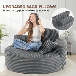 Oversized Round Sofa Bed - Fluffy Lazy Bean Bag, Modern Deep Seat Couch for Relaxation, Plush Corduroy Fabric, 3 Pillows Included, No Assembly Required