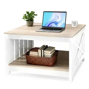 Square Coffee Table with Half Open Storage, Farmhouse Cocktail Table