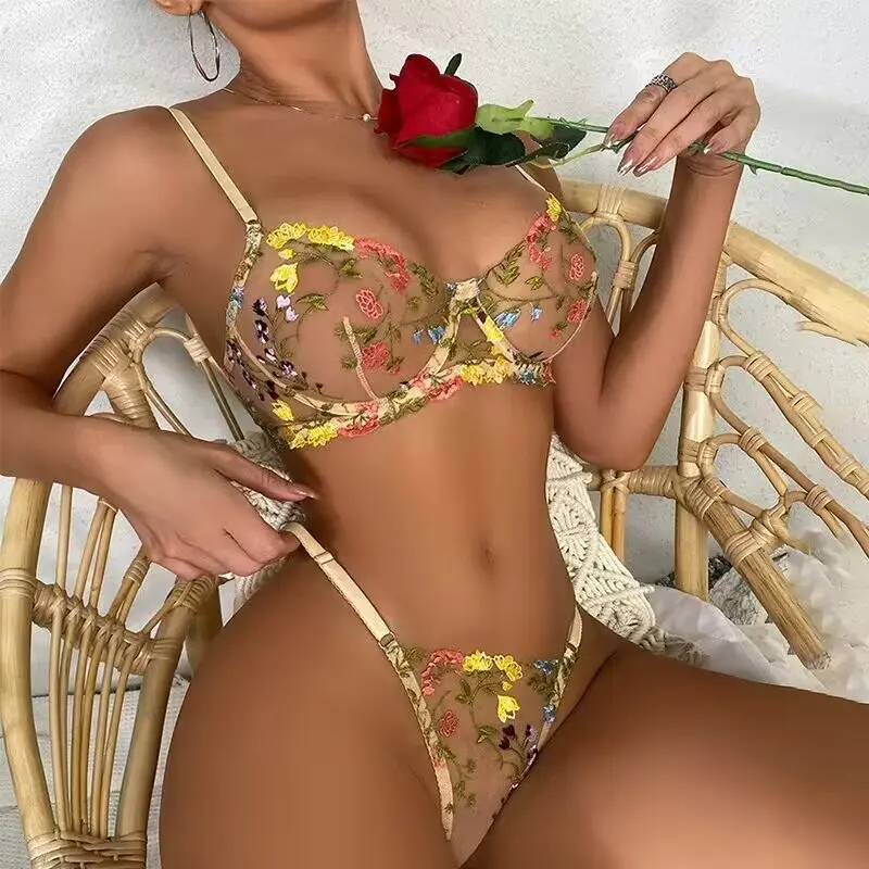 European-style Sexy See-Through Rural Yellow Floral Lingerie Set, Floral Embroidery Lingerie Set - Adjustable Lace Bra & Tie-Side Panty, Delicate Sheer Underwear with Adjustable Fit, Romantic Design ,pastoralism