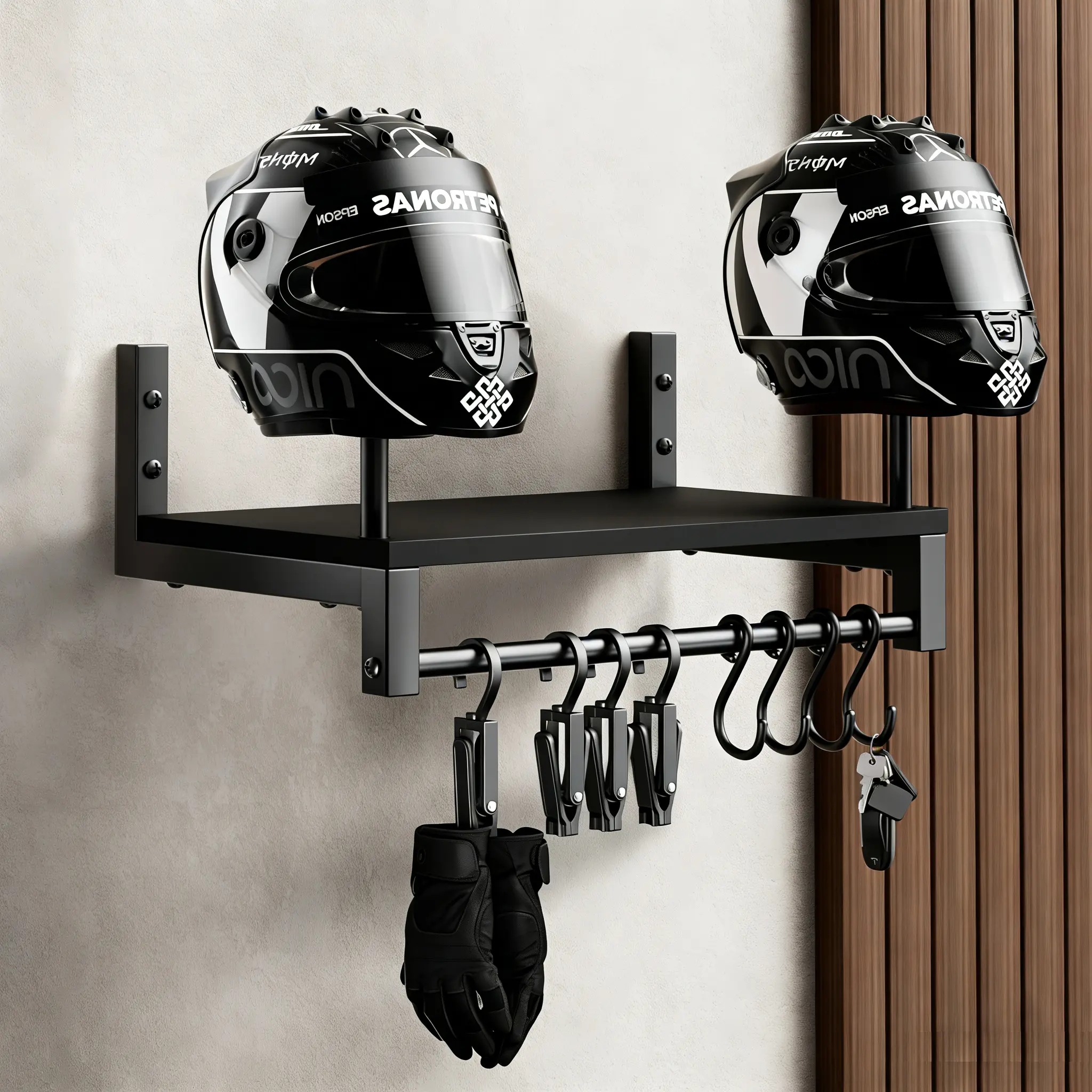 Wall Mounted Motorcycle Helmet & Gear Display Rack with Sturdy Hanging Design and Detachable Hooks, Home Organizer Hanger for Living Room & Bedroom