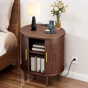 【SummerVibes】DHH  Oval Nightstand with Charging Station, Mid-Century Modern Fluted End Table with Tambour Door, Aesthetic Bedside Table for Bedroom & Living Room outdoorfun