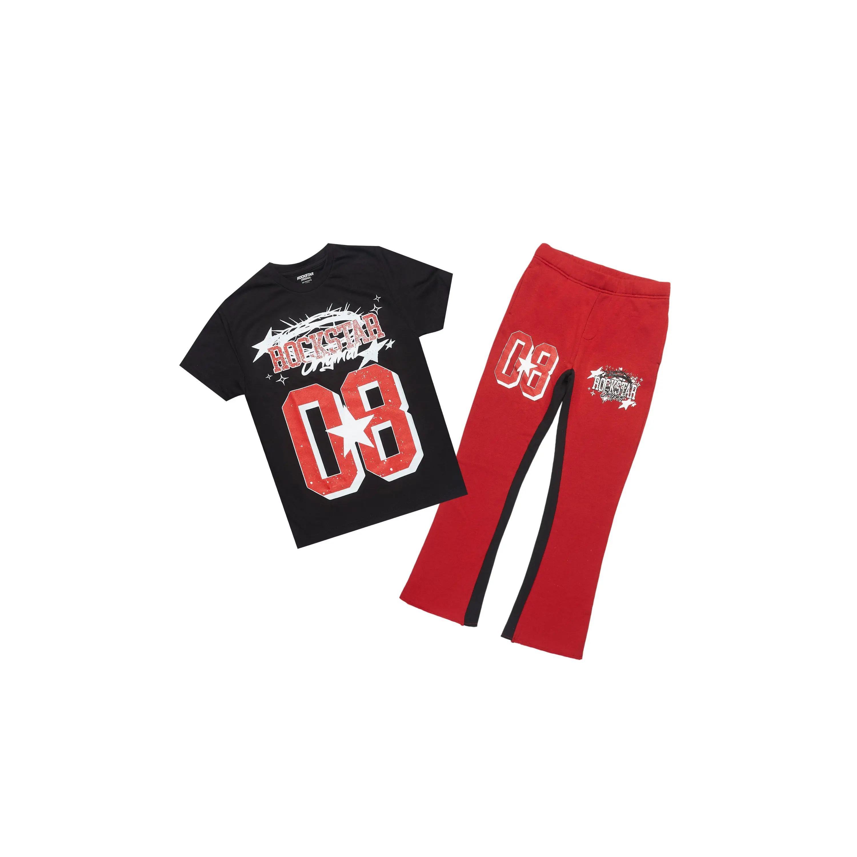 Boys Allstar Black/Burgundy T-Shirt/Stacked Baggy Flare Pant Set