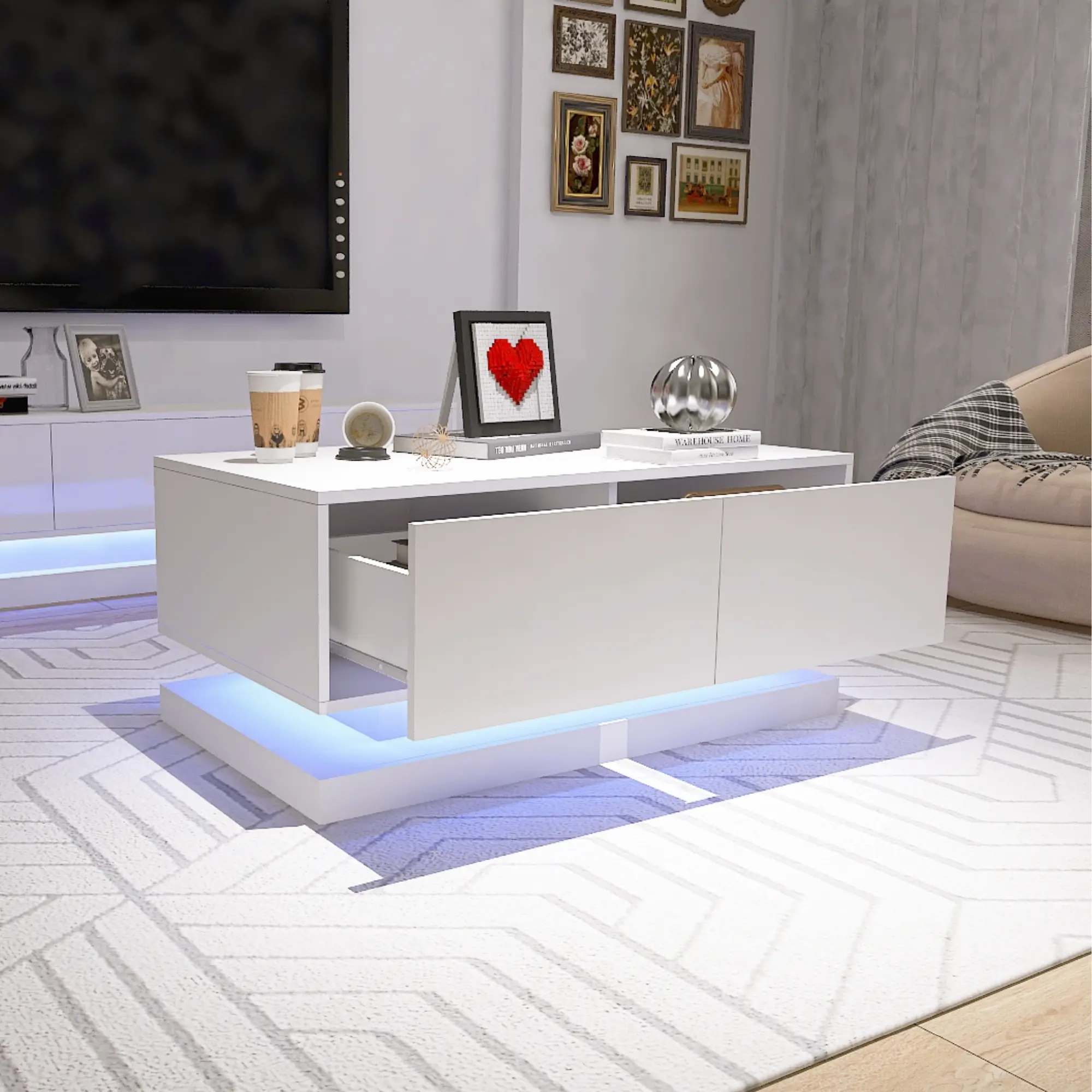 【GOOGREAT】High Glossy Coffee Table with 2 Drawers have RGB Led Light with Buletooth Control