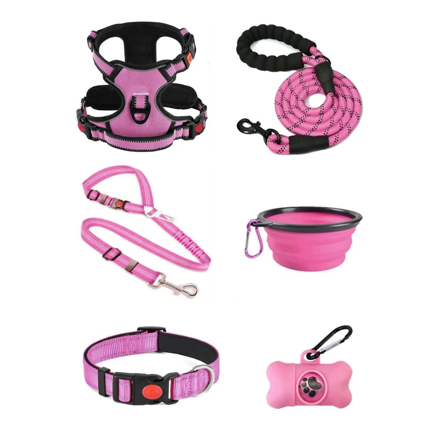 6Pcs No Pull Dog Harness, Collar & Leash Set | Includes Dog Seat Belt, Collapsible Bowls & Poop Bag Dispenser. Ideal for Training, Walking, Hiking. Fits Small to Large Dogs (Pink/Large) - Home Improvement.