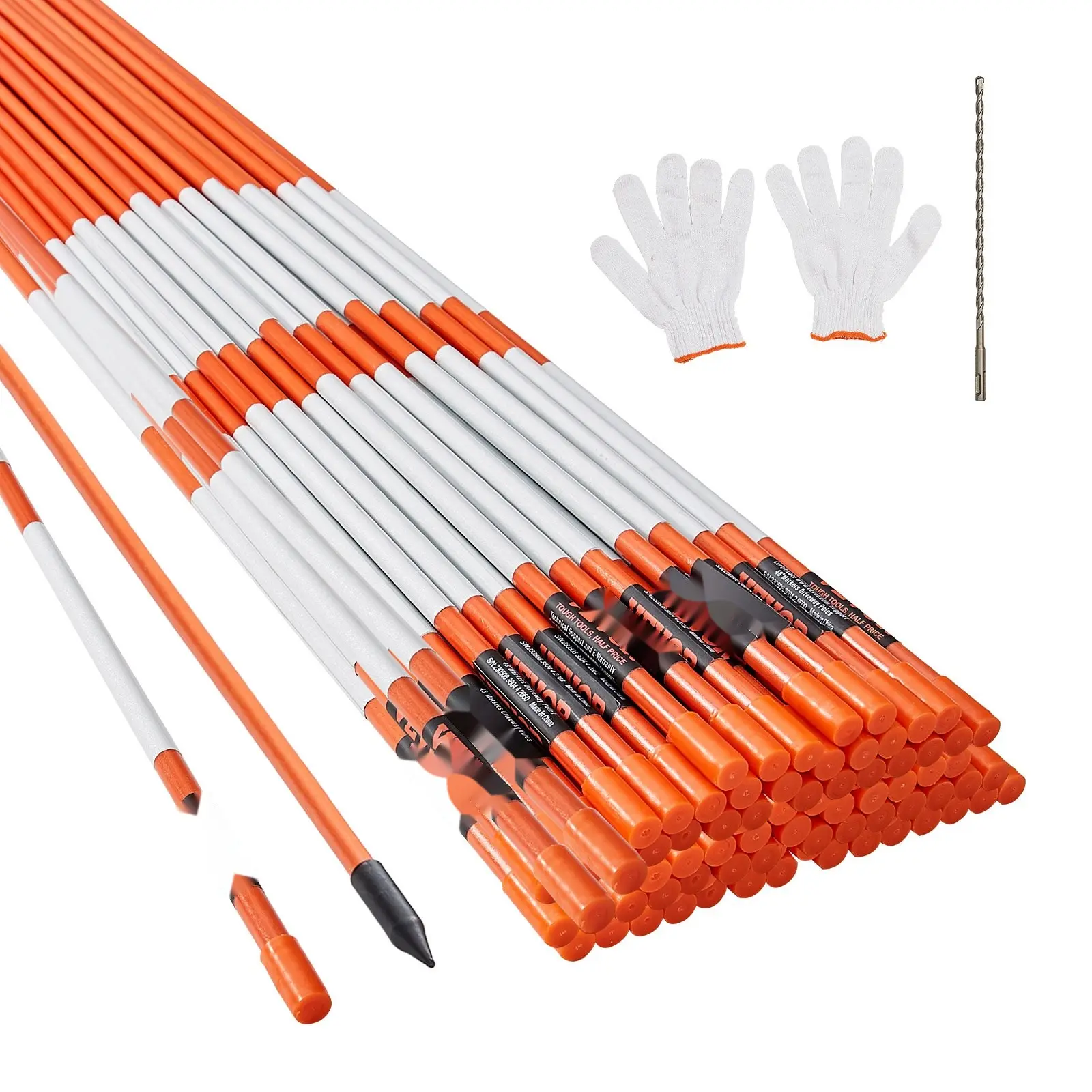 100 Pack Driveway Markers, 48-Inch Orange Fiberglass Poles With 0.4-Inch Diameter, Reflective Tape For High Visibility At Night, Includes 12-Inch Steel Drill Bit And Protective Gloves, Great For Parking Lots, Walkways, Snow