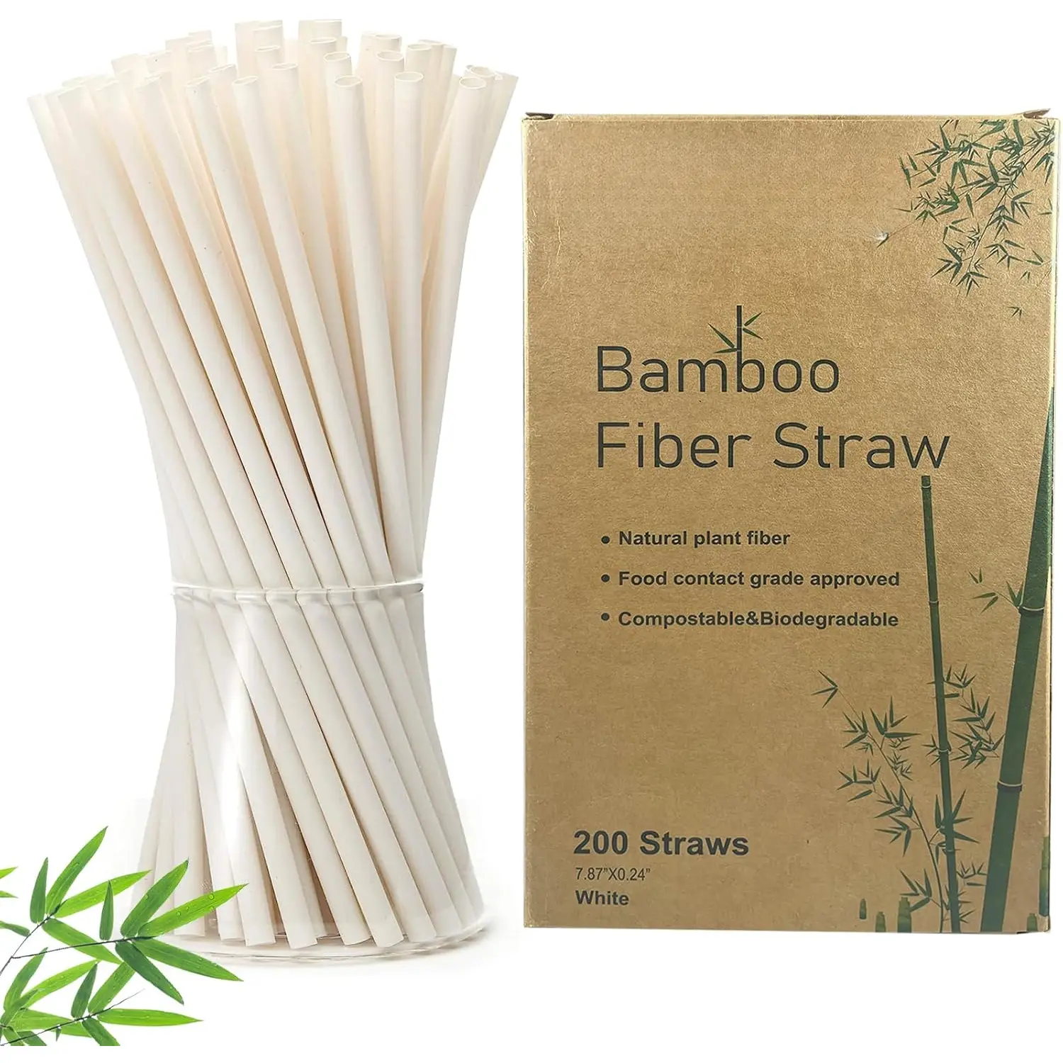 Biodegradable Disposable Bamboo Fiber Straws- 200 count | 7.8'' Inch | Compostable and Biodegradble