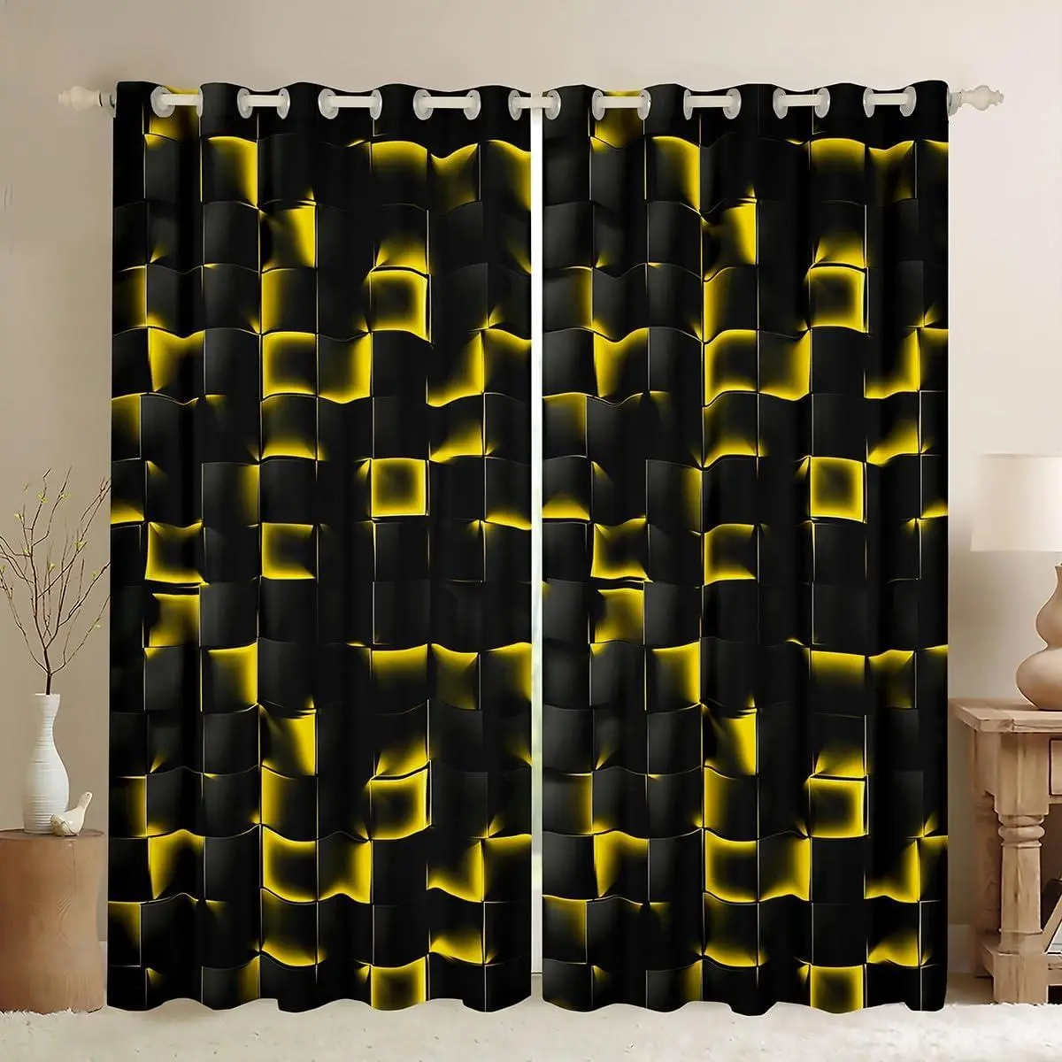 Geometric Checkered Window Treatments 2 Panels Neon Black Gold Blackout Curtains for Kids Boys Teen Men Gaming Room Decor,Abstract Ombre Plaid Grids Window Curtains