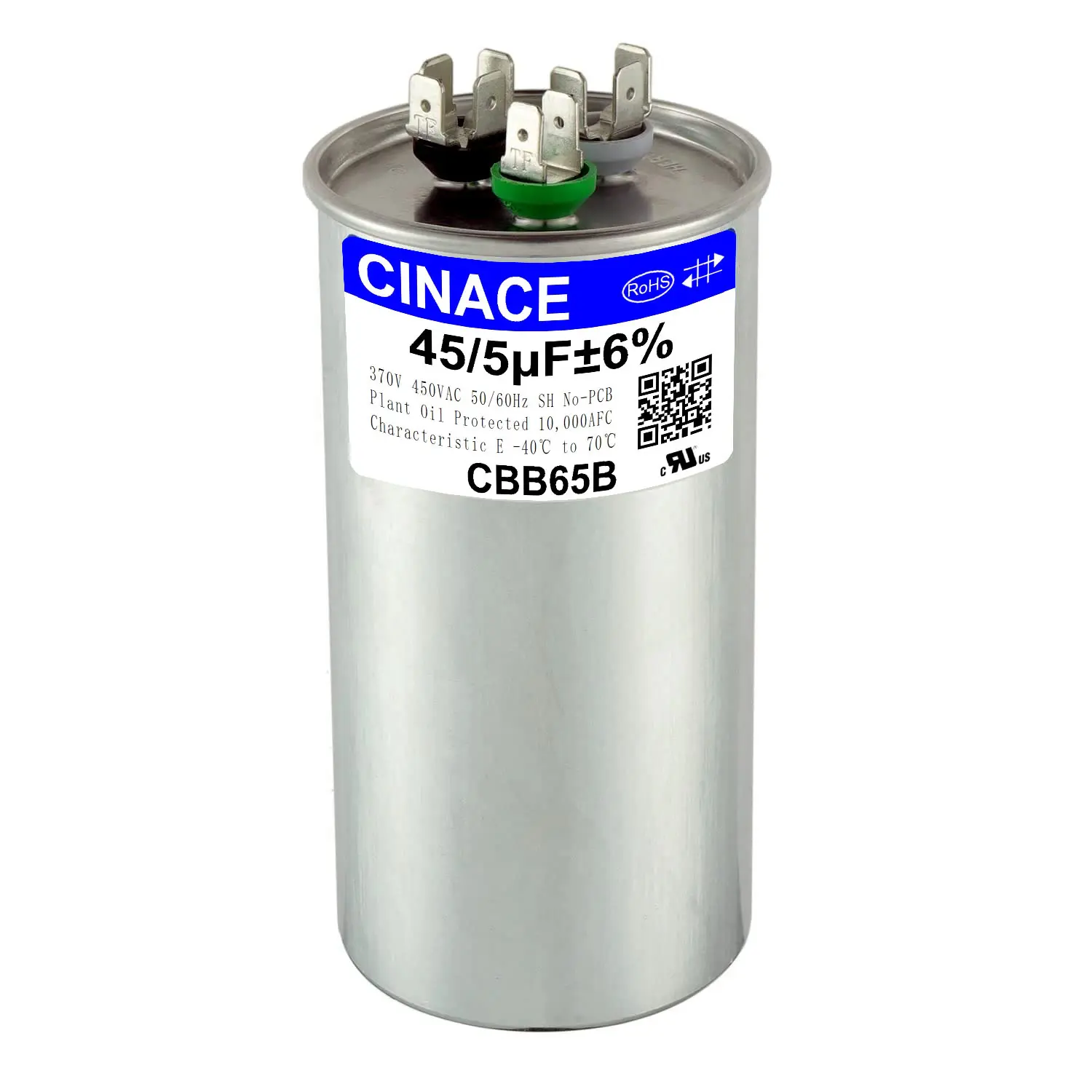 CINACE 45+5μF 45/5 MFD ±6% CBB65B Round Dual Run Circular Start Capacitor, 370/450VAC 50/60Hz, AC Compressor & Fan Motor Capacitor for Air Conditioner, Condenser Straight Cool, Heat Pump, HVAC System, Ice Maker