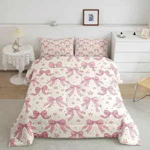 Kawaii Bow Bedding Set for Boys Girls Teens,Bow Comforter Set for Room Decor,Bow Comforter,Cute Bowknot Beige Pink Duvet Set