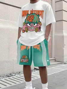 Street Fashion Matching T-Shirt Shorts Set for Men American Cartoon Print Drawstring Two-Piece Suit