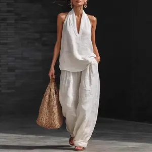 Women's Basic Cotton-Linen Blended Clothing Set, Lady's Loose Commuting Set with Crew Neck & V-Neck Suspender Covers for Slightly Curvy Figures, European & American Cross-Border Amazon In-Stock Clothes
