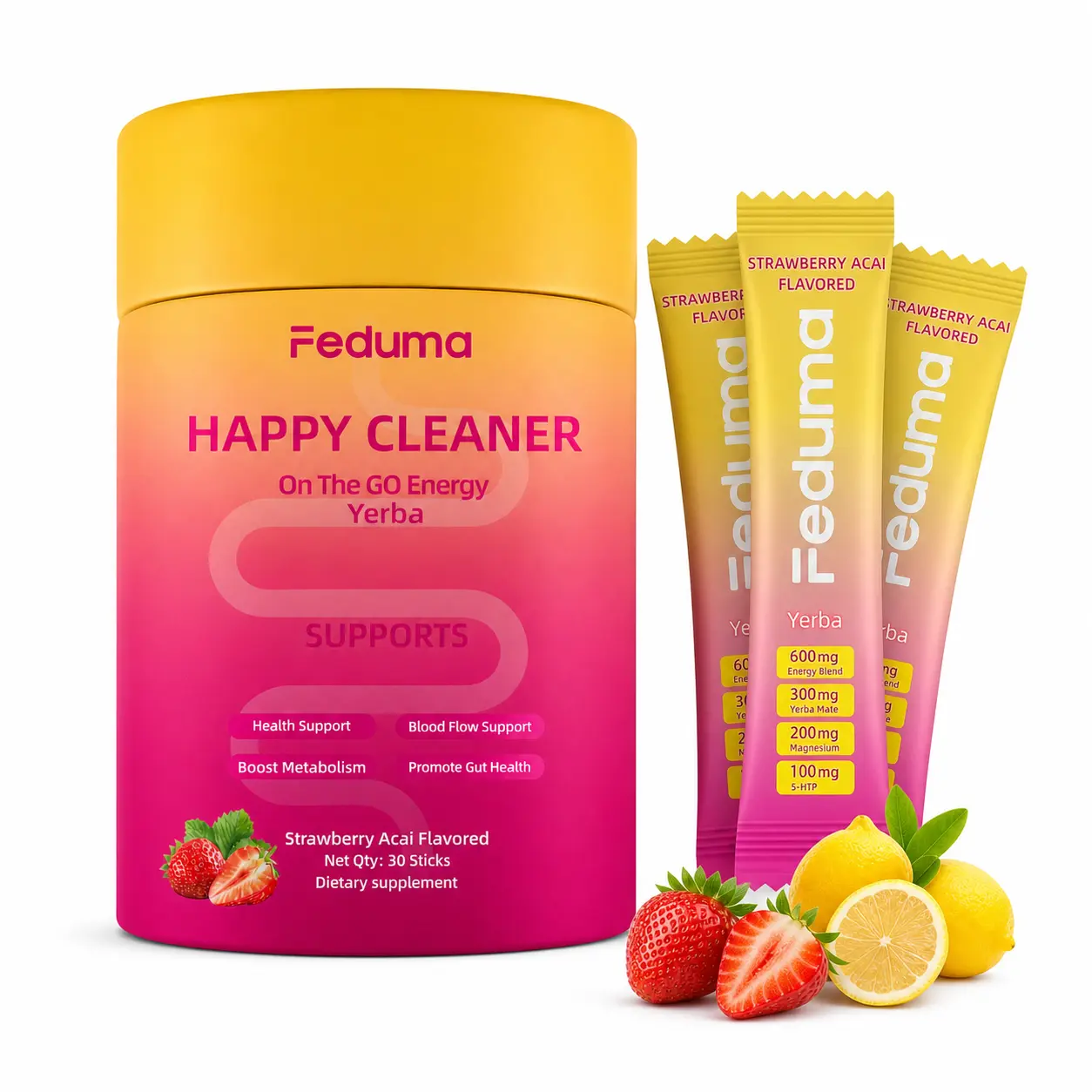 Happy Cleaner Cutting Mix Powder Feduma Superfood Blend | Berberine | Chromium | 5-HTP | Natural Yerba Mate | Magnesium | Strawberry Acai | 30 Count