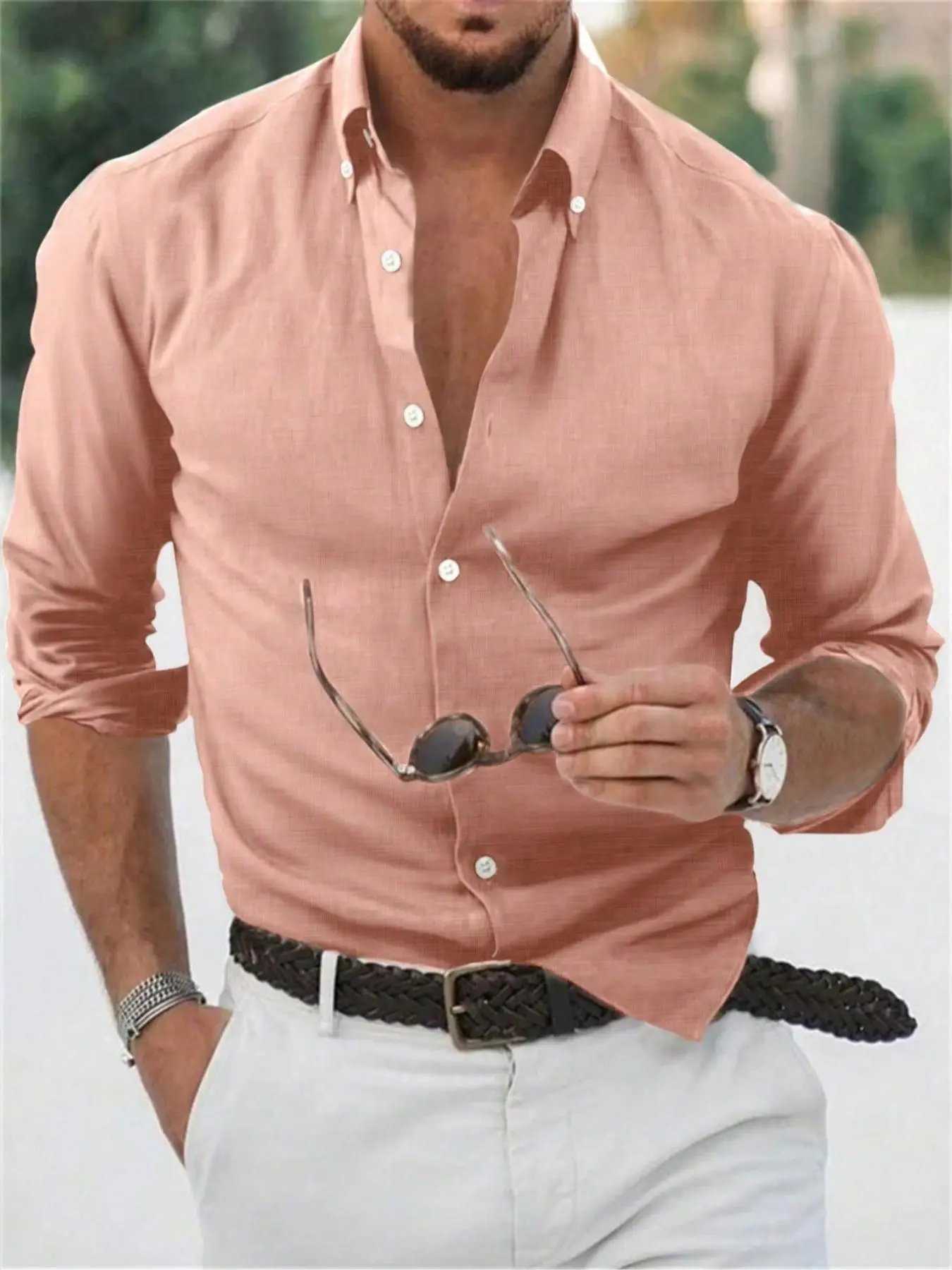 Men's Solid Color Long Sleeve Button Down Collar Shirt, Casual Comfy Oxford Shirt for Daily Wear, Men's Top for All Seasons, Casual Fitted Shirt, Casual Fitted Collared, Casual Fashion Shirt