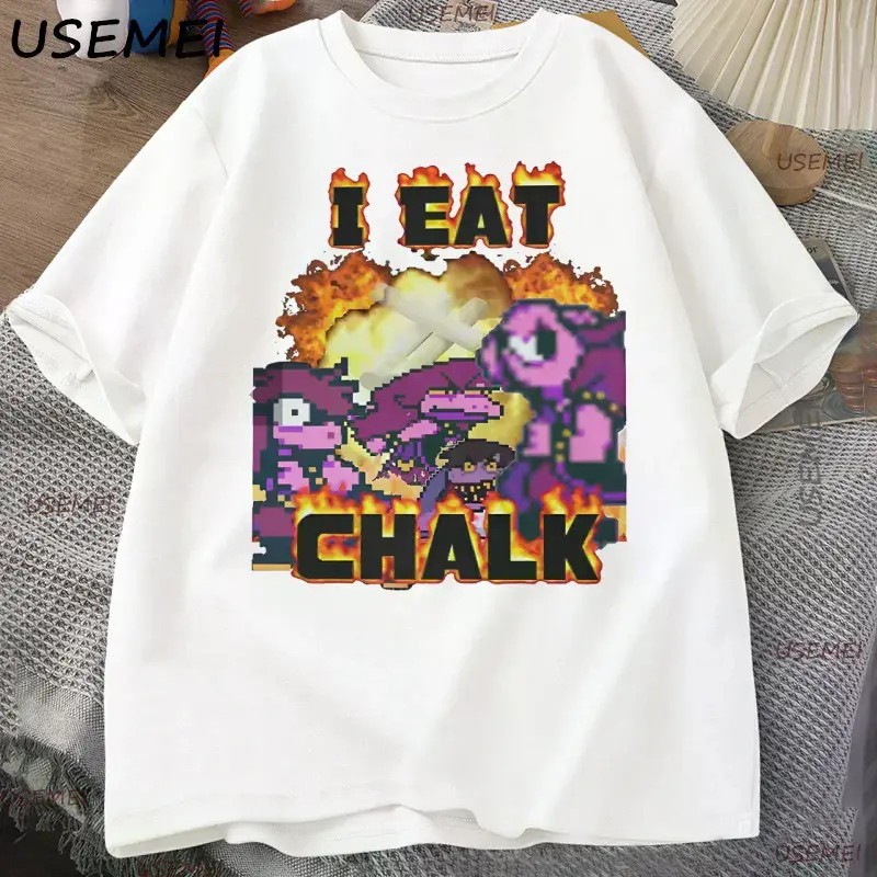 Men's Deltarune 'I Eat Chalk' Graphic Print T-Shirt, Casual Menswear Top with Short Sleeves in a Soft Breathable Cotton Fabric, Knit, Round Neck, Game Graphic, Exquisite Hem