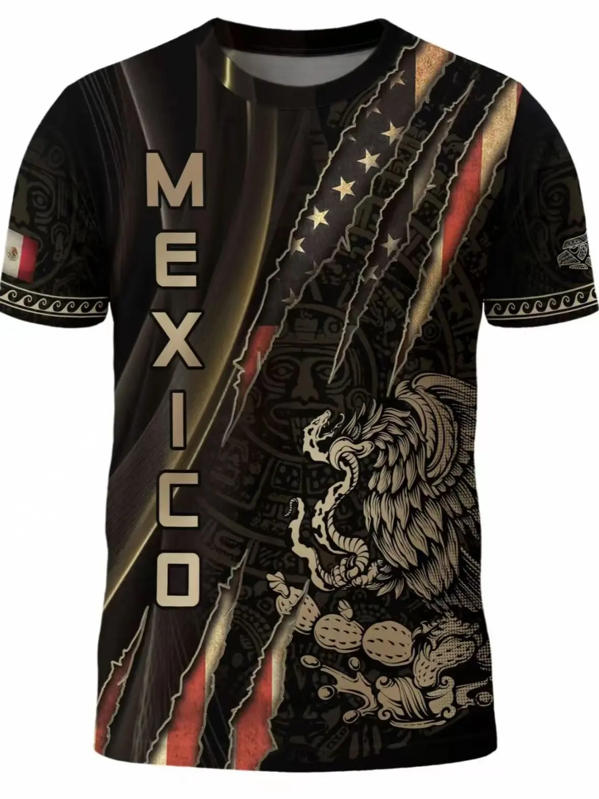 Men's Stylish Long Sleeve T-Shirt with Cultural Aztec Warrior Graphic, Fitted Tribal Eagle Print for Casual, All-Season Wear, Tshirt, Top, Aztec Print, Graphic Art, All Seasons, Crew Neck, Round Neck, Eagle Motif