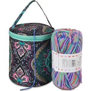 Small Size Yarn Storage Bag for Crocheting with Holes, Empty Round Knitting Portable Yarn Holder Tote, Perfect for Travel Beginner & Crocheter (Vintage Flower)