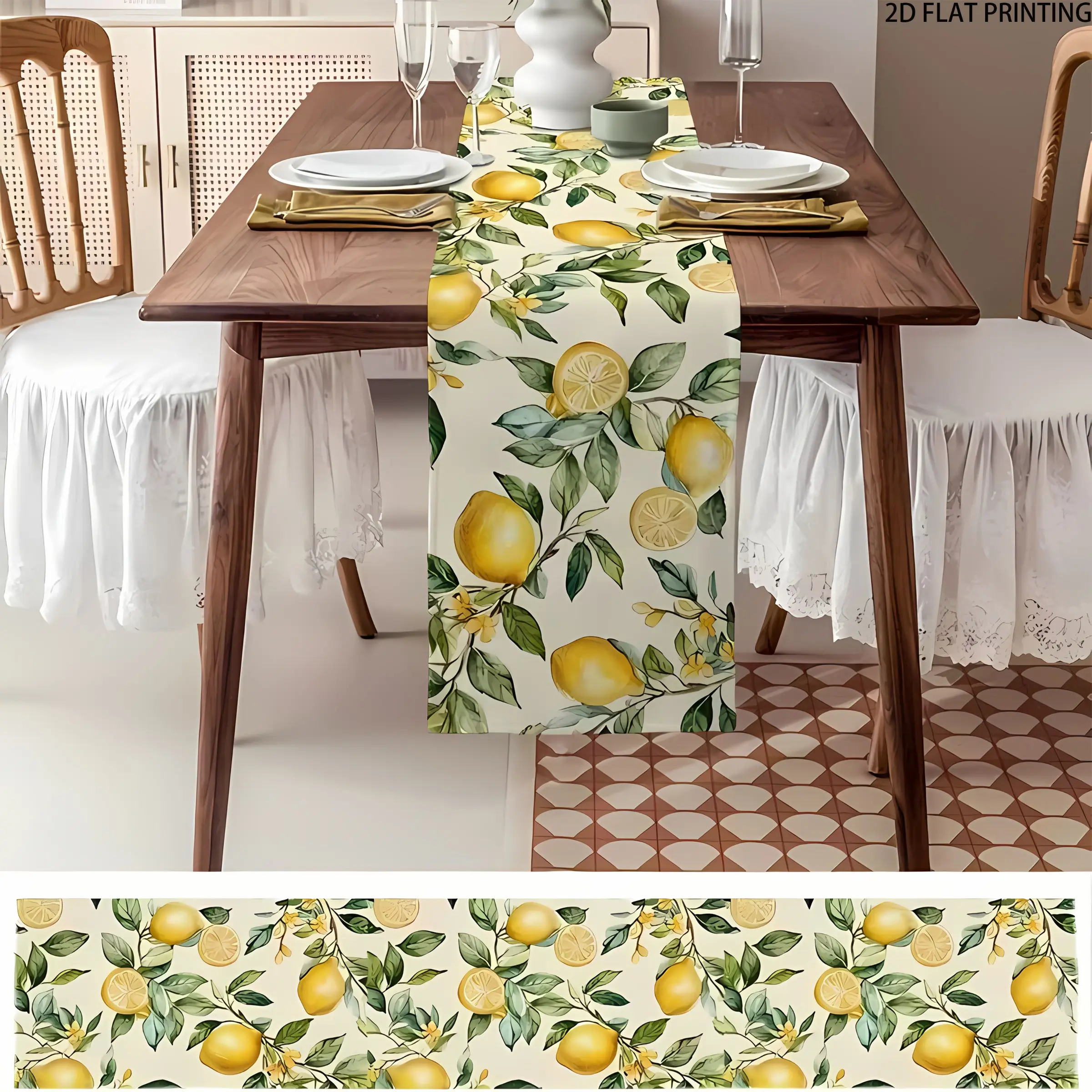 2D flat printing, Durable fabric, 1-piece watercolor lemon table flag, summer table flag with green leaves, holiday kitchen table decoration, suitable for home gatherings, indoor decoration, Festive kitchen decor, Seasonal theme