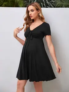 Maternity Drawstring Front Lettuce Trim Dress