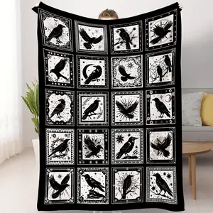 1pc Gothic Raven & Crow Plaid Throw Blanket - Ultra-Soft Flannel, Black with White & Gray Patterns, Perfect for Halloween Decor, Sofa Cover, or Gift for Bird Lovers, Machine Washable, All-Season Comfort, Halloween Decorations