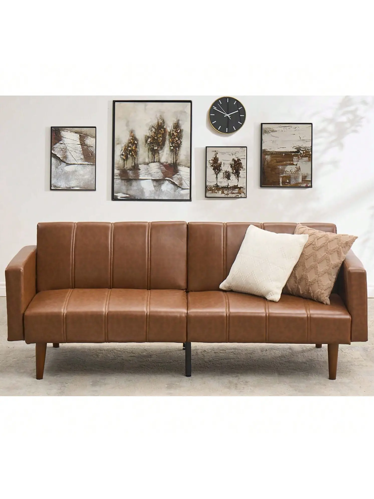 Gaomon PU Leather Convertible Futon Sofa Bed - 75.2in L x 37.4in W x 15.75in H Mid-Century Modern Loveseat Living Room Furniture, Durable Lounge Seating, Adjustable Backrest, Side Pockets, 700lbs Capacity, Brown, Detailed Instruction Manual