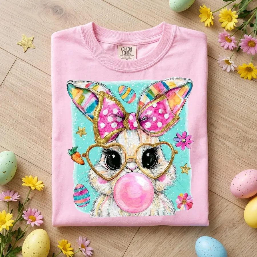 Easter Bunny Shirt, Bunny Blowing Bubblegum, Brushstroke Tee, Easter Shirt, Spring Clipart, Cute Easter Tshirt, Coquette Shirt