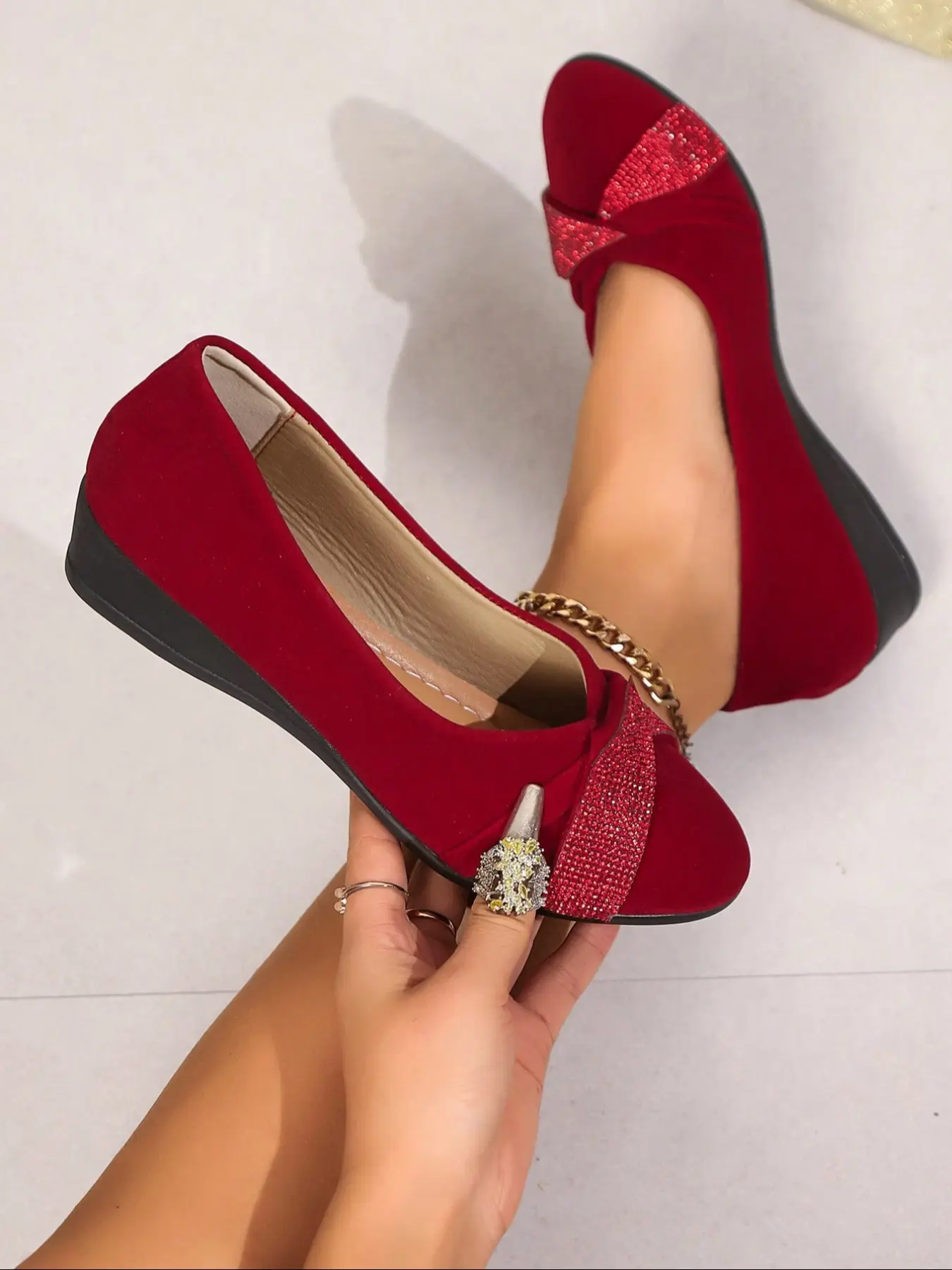 Women's Wedge Shoes Spring Autumn New Style, Platform Rubber Wedge, Casual Elastic High Heels for Nurses, Rhinestone Decorative Slip-On Flats, Sparkly Rhinestone Wedge