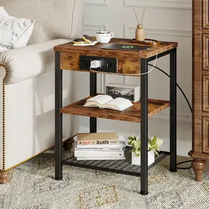 Side Table with Charging Station & USB Ports, 3-Tier End Table with Adjustable Shelf for Small Spaces, Nightstand for Living Room, Bedroom & Balcony